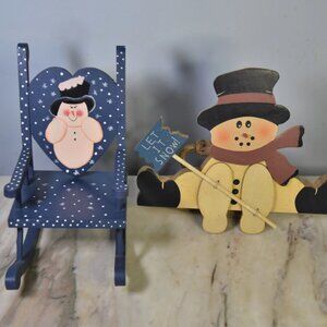 Vintage painted wooden heart with snowman rocking chair decoration and snowman